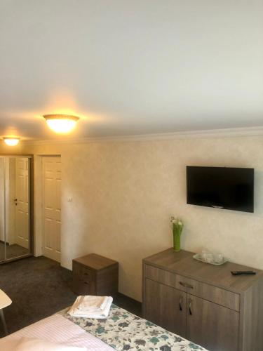 锡纳亚BUCEGI VIEW APARTAMENT的客房设有一张床和一台平面电视。