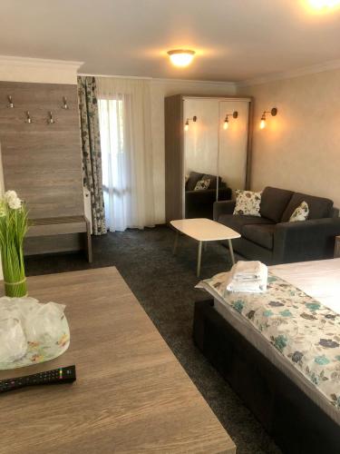 锡纳亚BUCEGI VIEW APARTAMENT的酒店客房,设有两张床和一张沙发