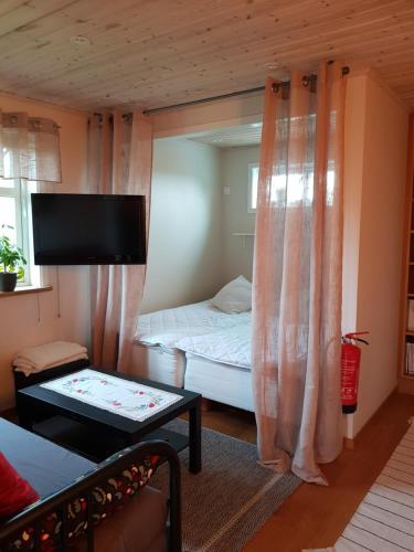 TrÃ¤slÃ¶vslÃ¤geStuga i Gamla-köpstad的小房间设有床铺和电视