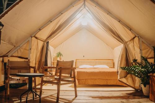 贝都古Alamu Eco Lodge的帐篷内的卧室,配有一张床和一张桌子