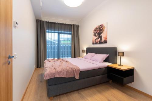 塔尔图TartuKodu Riia 20A-5的一间卧室配有一张带粉色床单的床和一扇窗户。