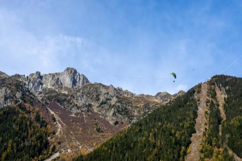 夏蒙尼-勃朗峰Majestic Alpin - A luxurious apartment with a nordic feel的滑翔伞在山脉上飞行