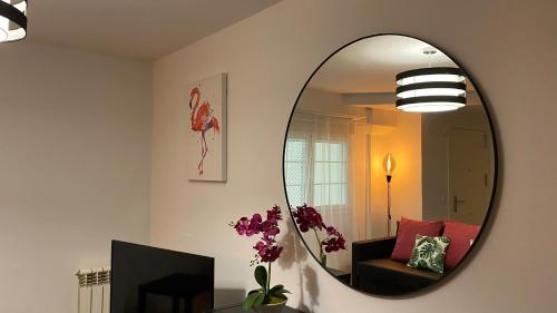 萨拉戈萨LC Apartamentos César Augusto的客厅墙上设有镜子