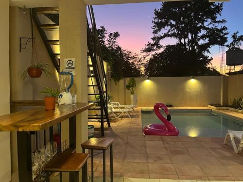 伊瓜苏港Colibrí Hostel的后院的游泳池,有粉红色的天鹅
