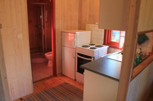 Viksdalen沃夫海特格兰德酒店的厨房配有冰箱和炉灶。