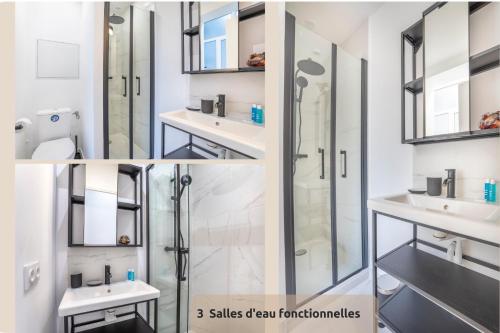 马赛SUD PASSION - Sakakini - calme - 3 chambres - lumineux - fibre的一间带三个盥洗盆和淋浴的浴室
