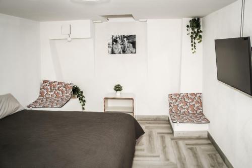 马德里Tofi的一间卧室配有一张床和两把椅子