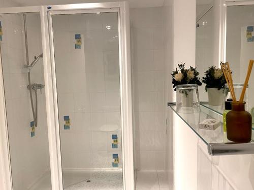 TintinhullThe Crown & Victoria Inn的带淋浴和玻璃架的浴室