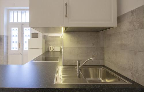 布达佩斯City Centre Apartment with 3 Bathrooms的厨房配有不锈钢水槽和白色橱柜