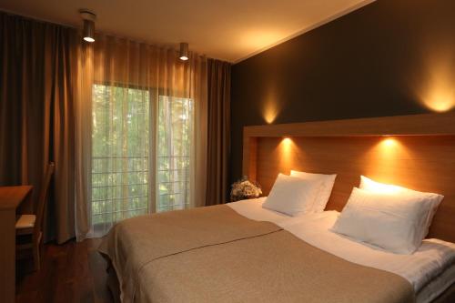 Dirhami迪拉姆旅馆的一间卧室设有一张大床和大窗户