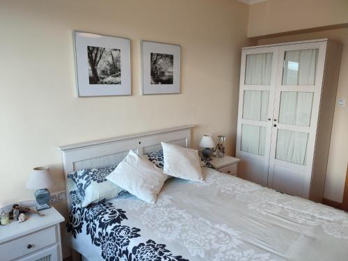 奥伦塞Piso Prol的一间卧室配有一张带蓝色和白色枕头的床