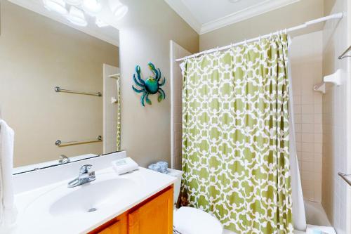圣乔治岛Serenity Now的一间带水槽和淋浴帘的浴室