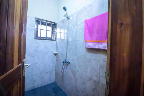 洛美Villa Nika的带淋浴和粉红色毛巾的浴室