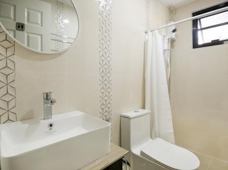 大雅台tagaytay transient ph的一间带水槽、卫生间和镜子的浴室