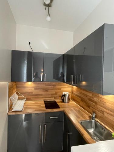 柏林Secret Studio Lux SPECIAL OFFER的厨房配有木制台面和水槽