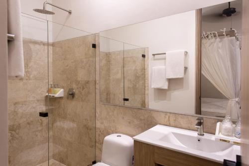 卡塔赫纳Sol de Alba Hotel Boutique的带淋浴、卫生间和盥洗盆的浴室
