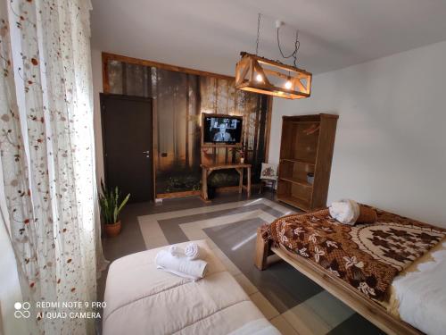 吉齐奥河畔佩托拉诺Villa Sofia的一间卧室配有一张床、一个梳妆台和电视。