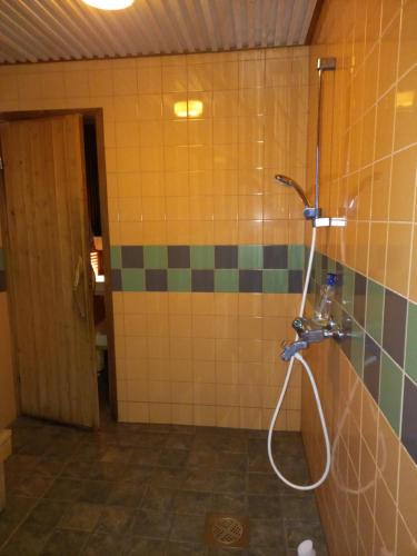 JuukaTalo mäellä的一间带淋浴的浴室,位于瓷砖墙壁上