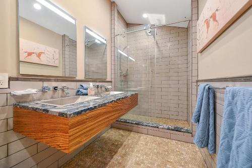 科威恰湾Salishan Tree House Suite的一间带水槽和淋浴的浴室