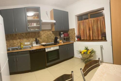 GhirodaVila primitoare in apropiere de aeroport的厨房配有灰色橱柜、水槽和桌子