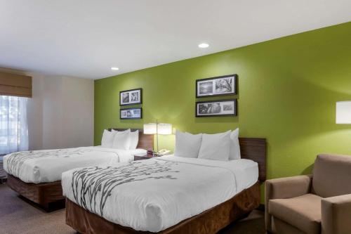 安大略安大略司丽普酒店的绿墙旅馆客房的两张床