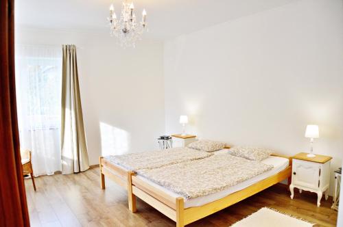 鲍洛通费尼韦什R Cottage Jacuzzival的白色卧室配有一张床和一个吊灯