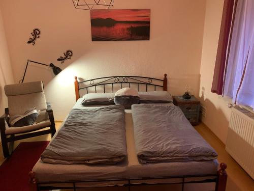 OelsnitzKathrin`s Appartment的一间卧室,卧室内配有一张床和一把椅子