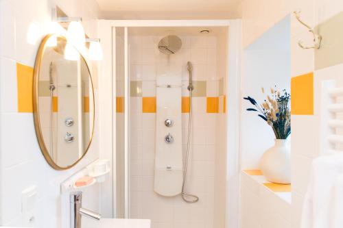 MalansacMANOIR DU VAU D ARZ gîtes et chambres d hôtes avec piscine的带淋浴、盥洗盆和镜子的浴室