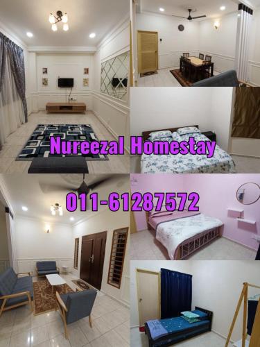 芙蓉NuReezal Homestay Seremban的卧室和客厅的照片拼合在一起