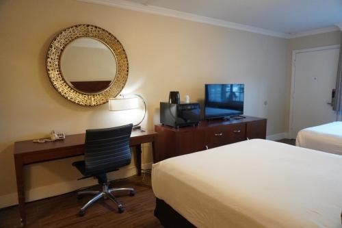 圣巴巴拉玫瑰花园汽车旅馆的酒店客房带一张床、一张书桌和一面镜子