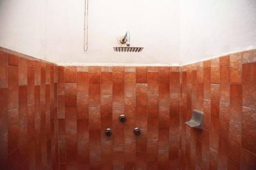 梅里达Hostal Casa Bohemia的浴室设有棕色瓷砖和水龙头淋浴。