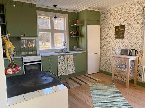 NorrfjärdenCharmig stuga på bondgård的厨房配有绿色橱柜和炉灶。 顶部烤箱