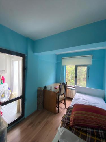 图兹拉Feel the nature near to Viaport marina的一间卧室设有蓝色的墙壁、一张床和一张书桌