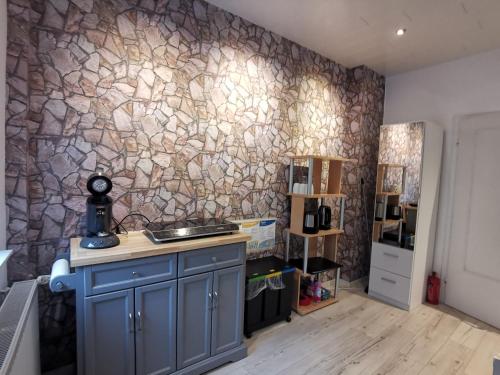 斯维斯塔尔Gemütliches Zimmer mit eigenem Bad und Küche的厨房设有石墙和墙壁