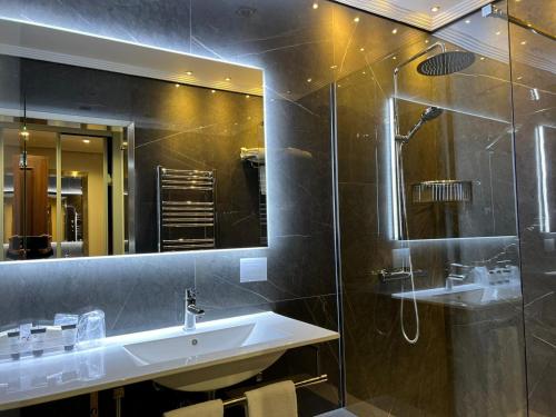 柯米拉斯科米利亚斯酒店的一间带水槽、淋浴和镜子的浴室