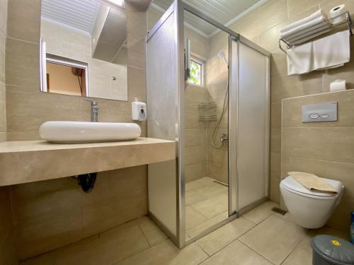 费特希耶十大公寓酒店的带淋浴、盥洗盆和卫生间的浴室