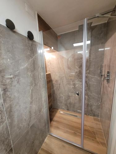 威尼斯CA' SEBASTIANO的浴室里设有玻璃门淋浴