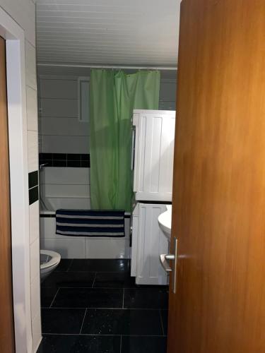BolligenPrivate room for long term rent 1000-1200CHF per month的浴室设有卫生间和绿色淋浴帘。