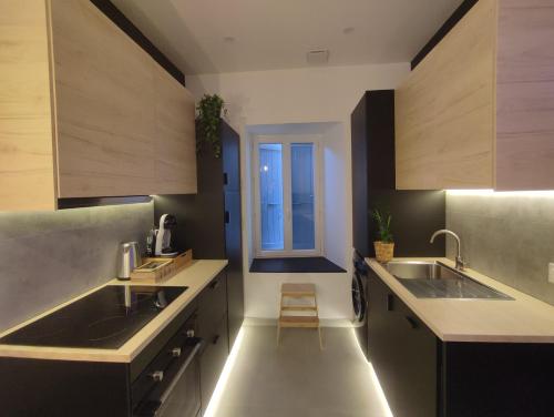 瓦龙Cocon Lux au centre de Voiron的带两个水槽和窗户的厨房