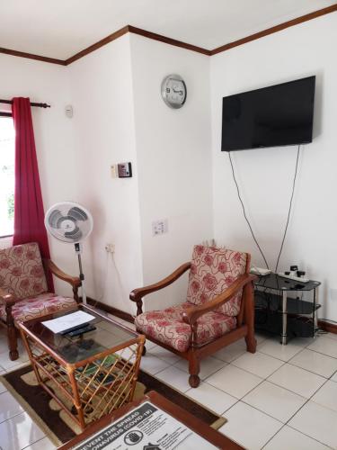 博瓦隆E&E自助旅馆的客厅配有2把椅子和平面电视