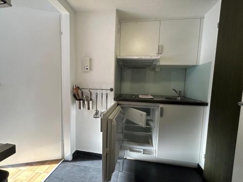 苏黎世Guesthouse Elisa 6的小厨房配有白色橱柜和水槽