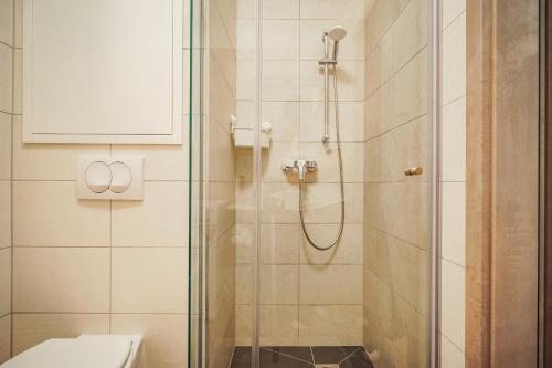 布达佩斯Central Apartment Budapest ~ Roof Terrace/AC/Indoor parking的浴室设有玻璃淋浴间和卫生间