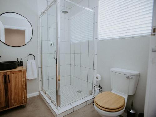 东伦敦Lavender BnB的带淋浴、卫生间和镜子的浴室