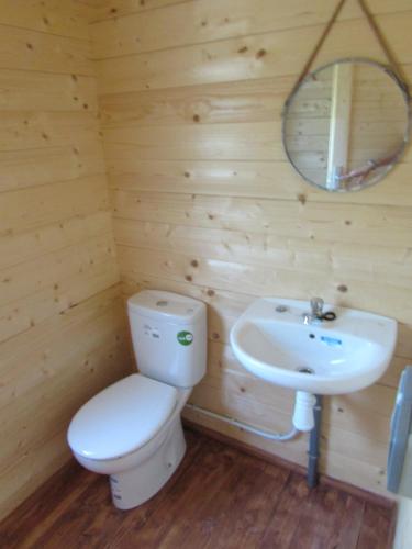 MiraCamping Hoces de Mira的木制浴室设有卫生间和水槽