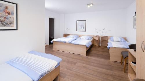 布拉河畔的海登海姆Brenzhotel Heidenheim的客房设有三张床和一张书桌