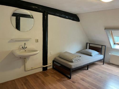 迪弗尔Familiehuis的一间带水槽的浴室和一张带镜子的床