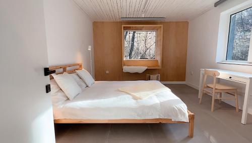 BreazaCabana Sapte的一间卧室配有一张床、一张书桌和一个窗户。