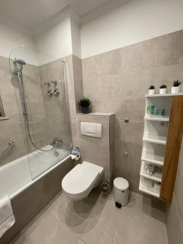 艾森纳赫SUITE EISENACH direkt am Bahnhof的浴室配有卫生间、淋浴和盥洗盆。