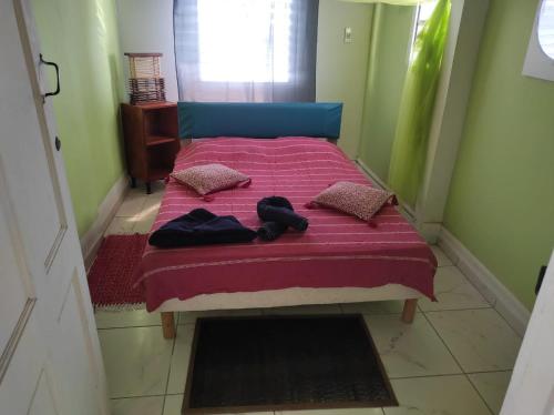 勒马兰Chez Axel的一张带粉色毯子和枕头的床