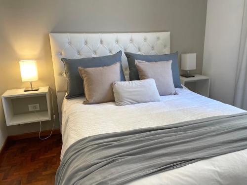 科尔多瓦巴尔卡斯豪华公寓的一间卧室配有一张带蓝白色枕头的大床